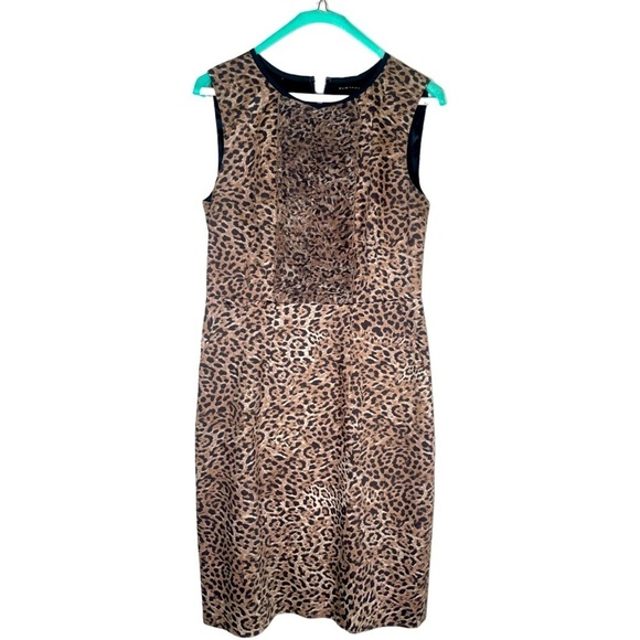 Elie Tahari Sz 8 Leopard Print Sheath Dress Ruffle Sleeveless Lined Career MIDI - Picture 1 of 16